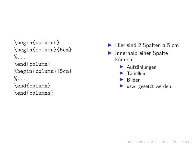 Darstellung der columns Umgebung in der beamer class.